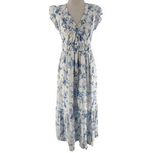 Join Women’s Blue White Floral Ruffle Cap Sleeve Midi Dress Size Medium